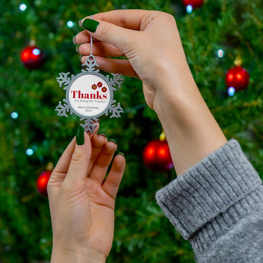 Merry Christmas Teacher, Professor, Pre-school teacher, teacher aide - Pewter Snowflake Ornament