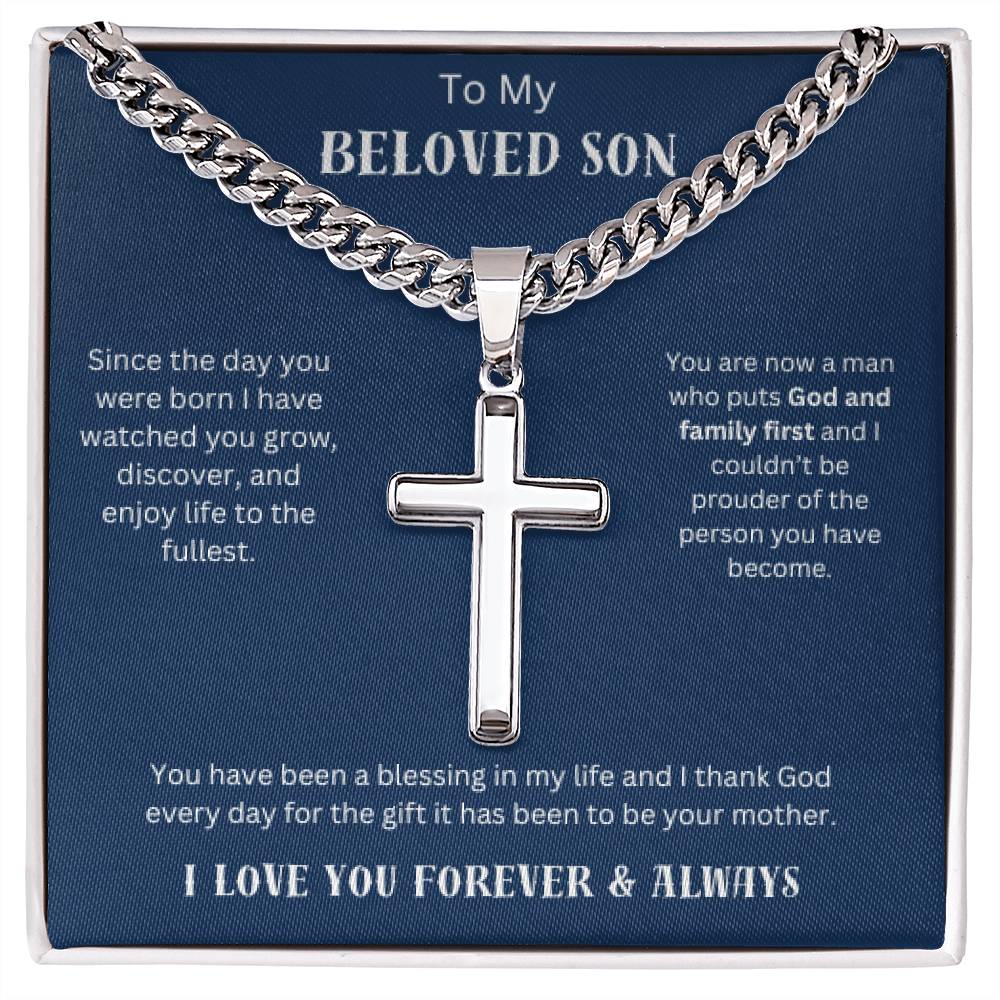 To My Beloved Son - Personalized Cuban Chain Cross Necklace