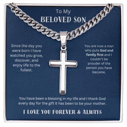 To My Beloved Son - Personalized Cuban Chain Cross Necklace