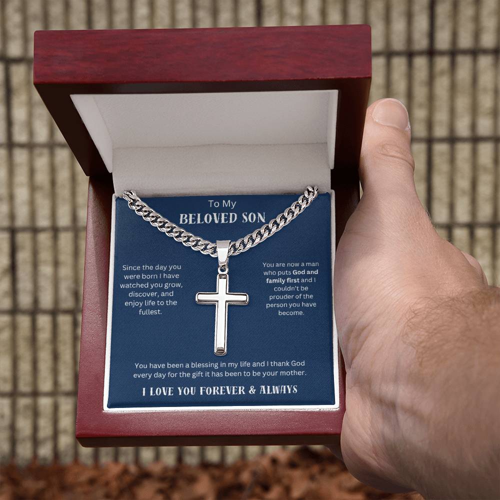 To My Beloved Son - Personalized Cuban Chain Cross Necklace