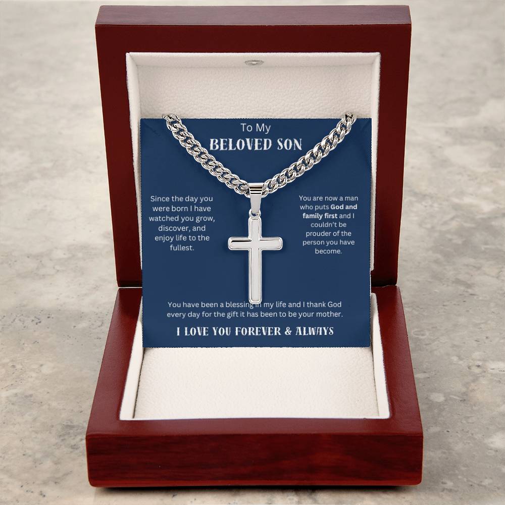 To My Beloved Son - Personalized Cuban Chain Cross Necklace