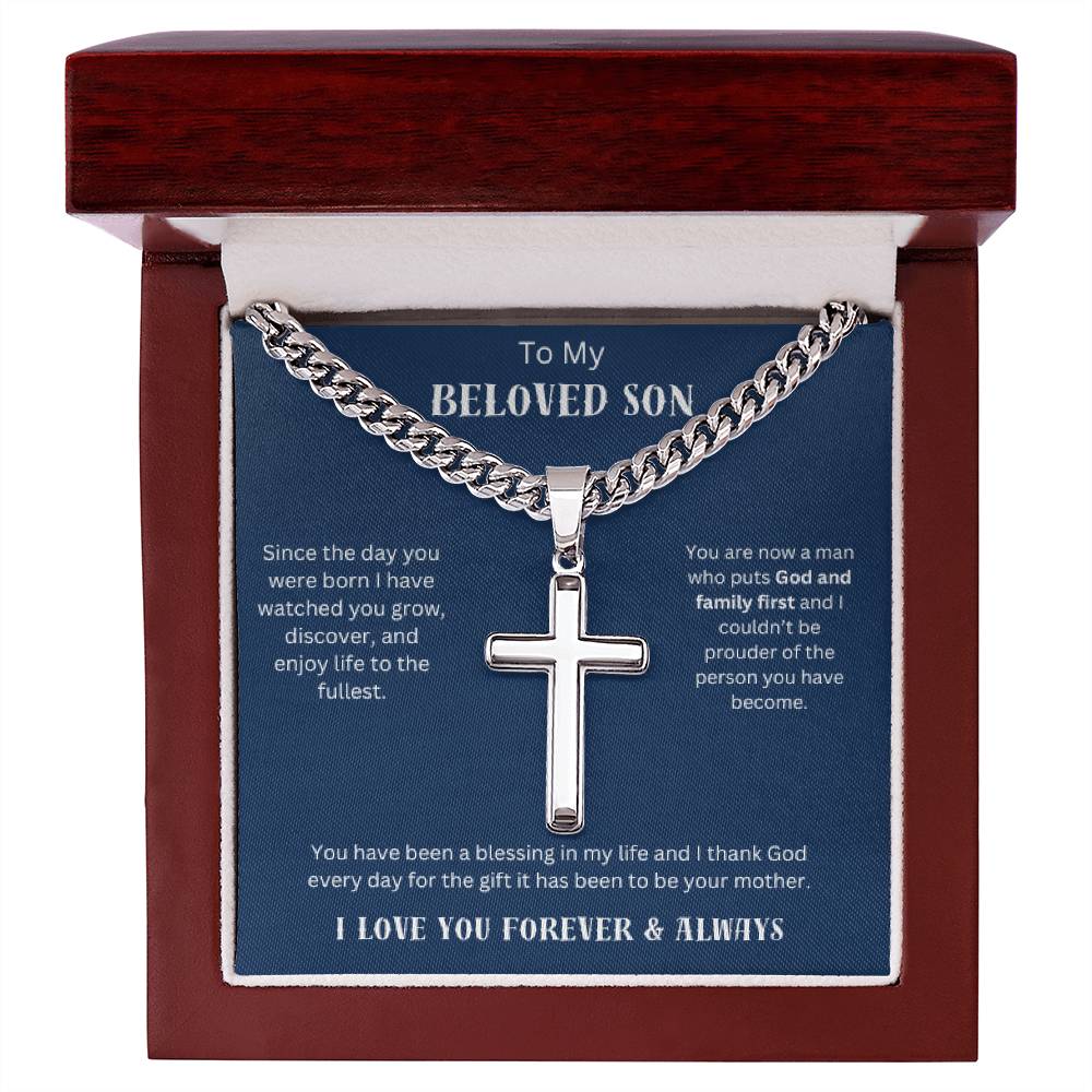 To My Beloved Son - Personalized Cuban Chain Cross Necklace